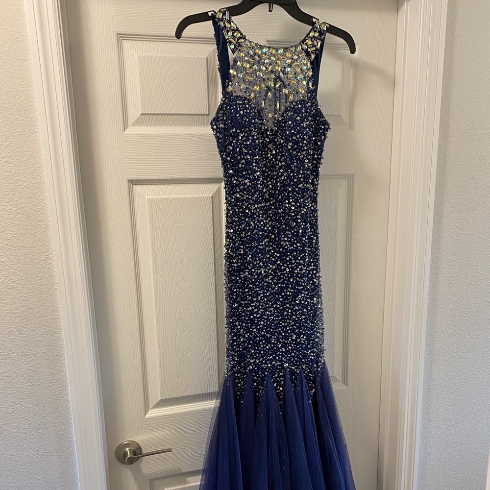 Camille La Vie Navy sequin mermaid formal dress